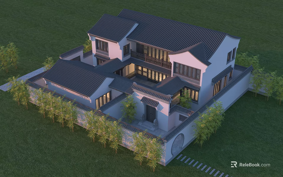 Traditional Chinese Ancient Architecture With Gray Roof White Walls And Courtyard Green Plants 3d model 