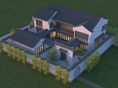 Traditional Chinese Ancient Architecture With Gray Roof White Walls And Courtyard Green Plants 3d model