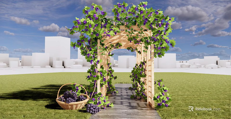 Wooden Pergola Covered With Green Vines Purple Grapes Stone Path Grass Lawn Wicker Basket 3d model 