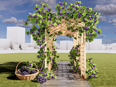 Wooden Pergola Covered With Green Vines Purple Grapes Stone Path Grass Lawn Wicker Basket 3d model