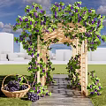 Wooden Pergola Covered With Green Vines Purple Grapes Stone Path Grass Lawn Wicker Basket