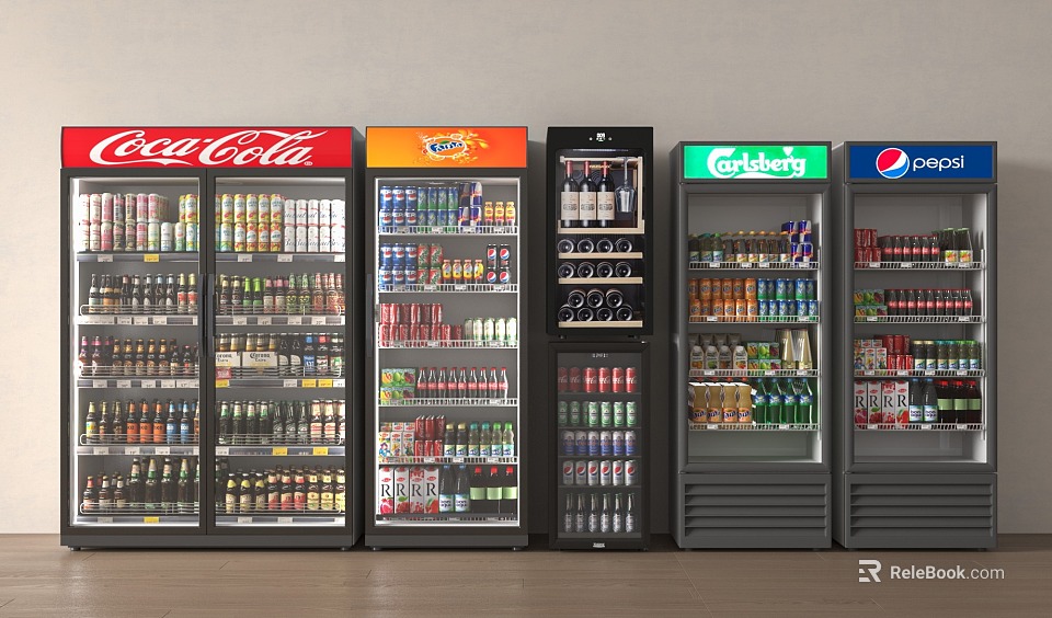 Commercial Refrigerators and Freezers Filled with Branded Bottled Canned Beverages in Retail Store 3d model 