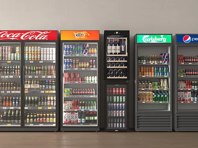 Commercial Refrigerators and Freezers Filled with Branded Bottled Canned Beverages in Retail Store 3d model