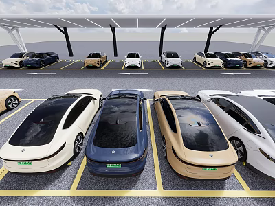 Electric Vehicles Parked In Modern Covered Parking Lot 3d model