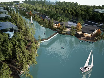 Scenic Waterfront Landscape With River Sailboats Lush Trees And Modern Buildings 3d model