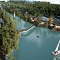 Scenic Waterfront Landscape With River Sailboats Lush Trees And Modern Buildings