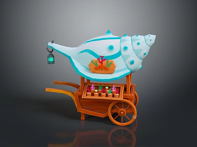 Conch Shaped Wooden Cart With Blue Canopy Hanging Lantern Coral Decor And Small Flower Pots 3d model