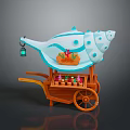 Conch Shaped Wooden Cart With Blue Canopy Hanging Lantern Coral Decor And Small Flower Pots