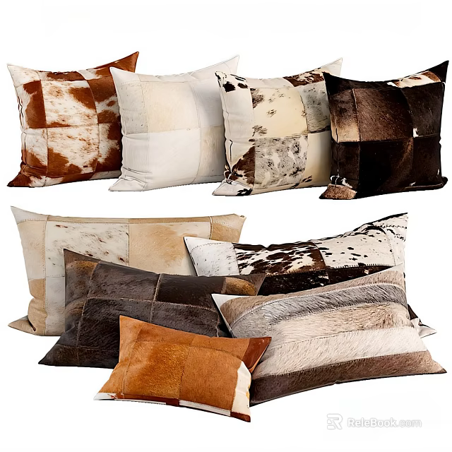Assorted Leather Fur Patchwork Throw Pillows in Brown White Beige Black Tones for Home Decor 3d model 