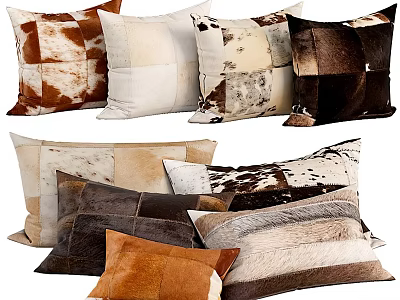 Assorted Leather Fur Patchwork Throw Pillows in Brown White Beige Black Tones for Home Decor 3d model