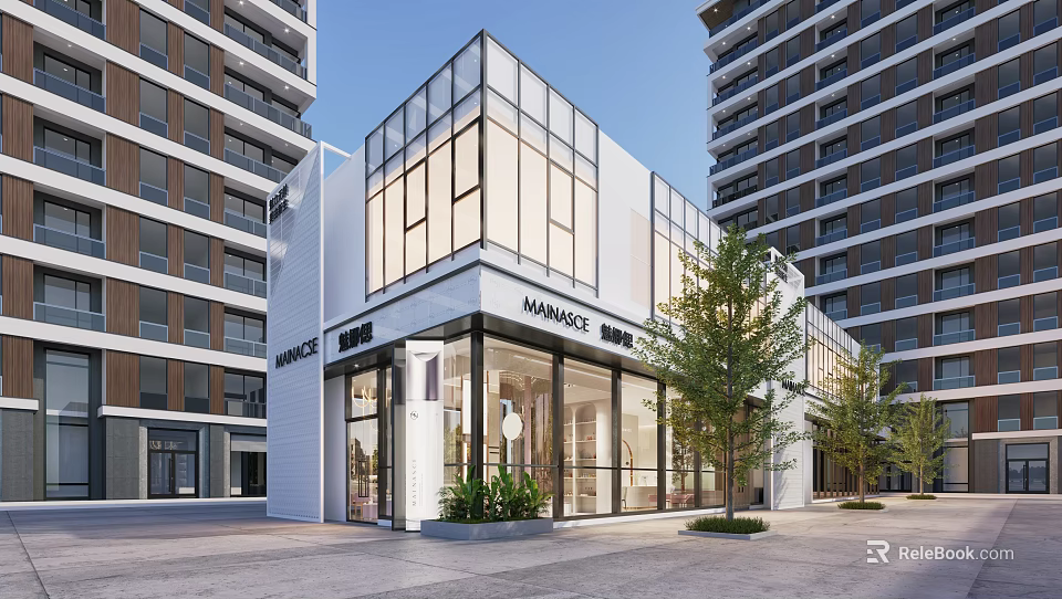 Modern Commercial Complex with Glass Facade Main Entrance Amidst High Rise Buildings and Open Plaza 3d model 