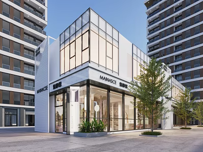 Modern Commercial Complex with Glass Facade Main Entrance Amidst High Rise Buildings and Open Plaza 3d model