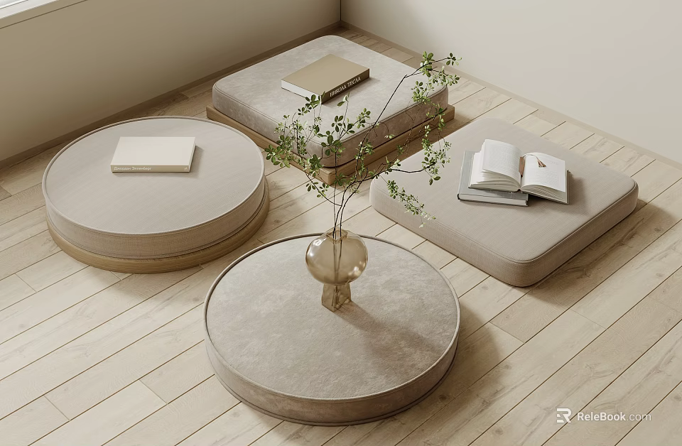 Light Colored Padded Round Low Tables With Books Transparent Vase Green Plants On Wooden Floor 3d model 