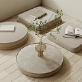 Light Colored Padded Round Low Tables With Books Transparent Vase Green Plants On Wooden Floor