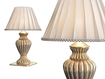 Elegant Table Lamp With Gold Pleated Base And Cream Fringe Trimmed Lampshade 3d model