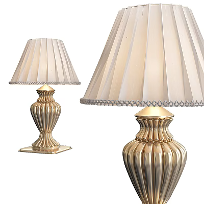 Elegant Table Lamp With Gold Pleated Base And Cream Fringe Trimmed Lampshade 3d model