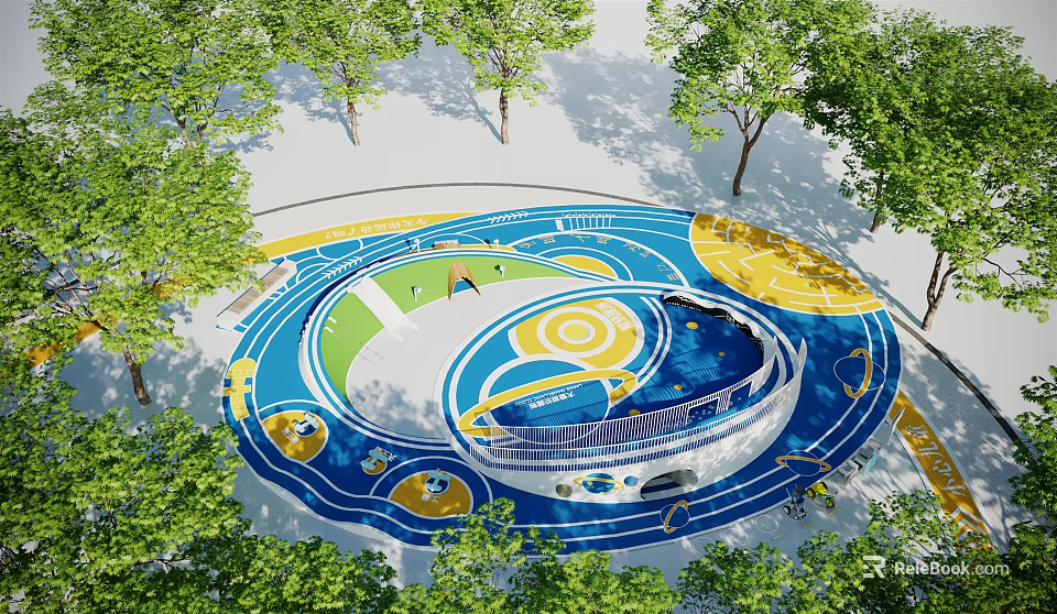 Colorful Outdoor Playground With Blue Yellow Tracks Circular Area And Green Trees 3d model 