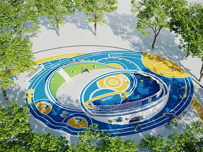 Colorful Outdoor Playground With Blue Yellow Tracks Circular Area And Green Trees 3d model