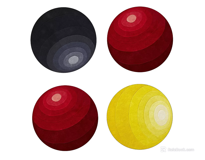 Round Carpets with Black Red Burgundy Yellow Concentric Circle Patterns 3d model
