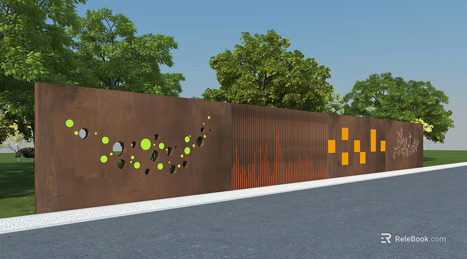 Brown Feature Wall With Green Circular Patterns Orange Square Designs And Vertical Texture Near Trees 3d model 