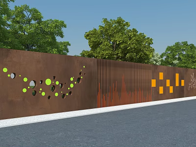 Brown Feature Wall With Green Circular Patterns Orange Square Designs And Vertical Texture Near Trees 3d model