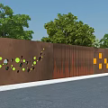 Brown Feature Wall With Green Circular Patterns Orange Square Designs And Vertical Texture Near Trees 3d model