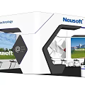 Neusoft Modern Exhibition Booth Design With White Blue Accents And Display Screens