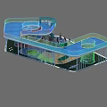 Modern Open Public Living Space With Blue Roof Circular Structure Green Plants Fountain And Seats