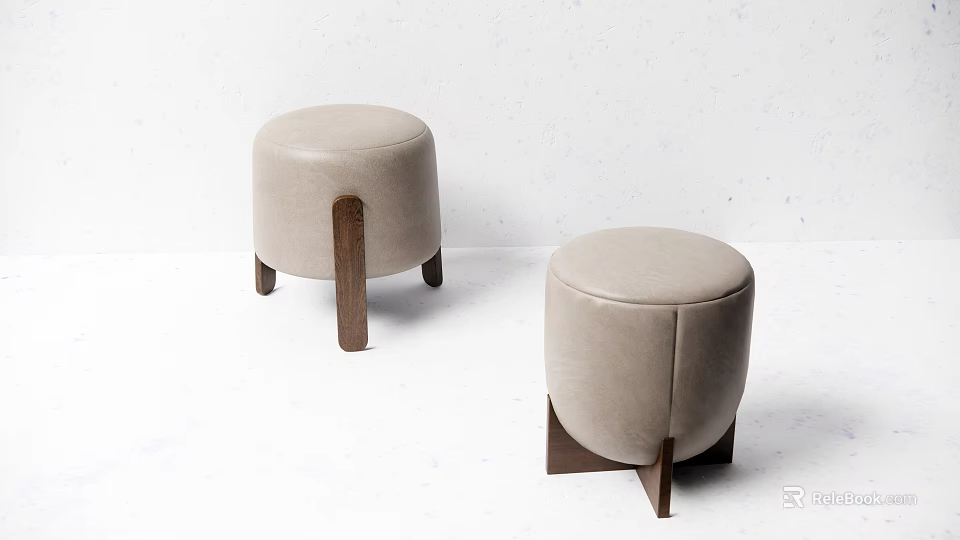 Modern Light Gray Leather Sofa Stools With Wooden Legs And Round Design 3d model 