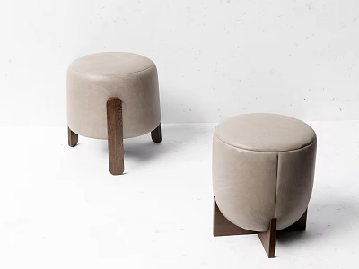 Modern Light Gray Leather Sofa Stools With Wooden Legs And Round Design 3d model