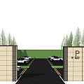 Covered Parking Lot With Green Roof Trees And White Cars At Fee Entrance