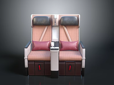 Comfortable Airplane Seats With Plaid Upholstery Headrests Armrests And Storage Compartments 3d model