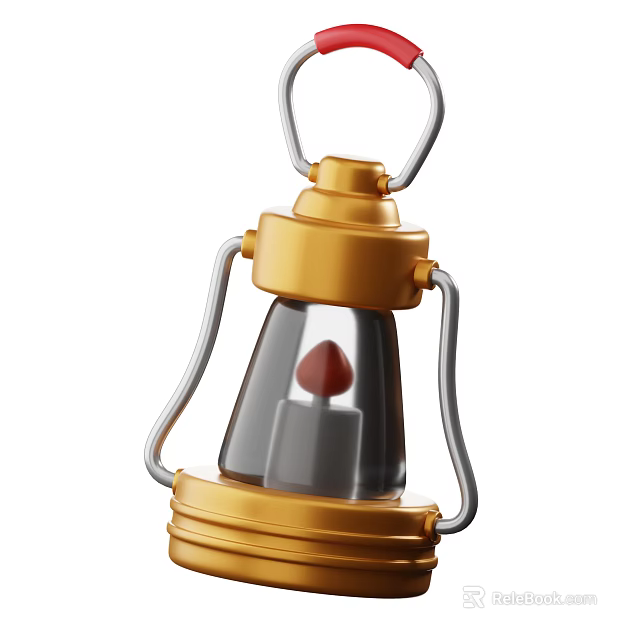 Golden Decorative Lantern With Silver Handle And Red Flame Inside 3d model 