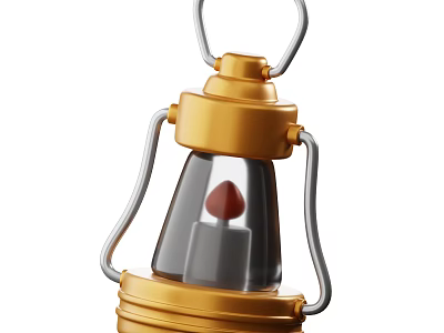 Golden Decorative Lantern With Silver Handle And Red Flame Inside 3d model