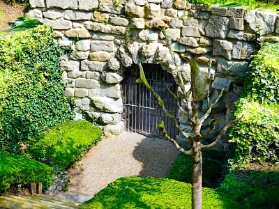 Garden Landscape With Vine Covered Stone Wall Iron Gate Trimmed Bushes And Gravel Pathway 3d model