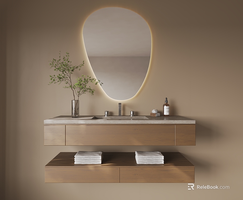 Modern Wooden Bathroom Vanity With Oval Illuminated Mirror Folded Towels Green Plant And Toiletries 3d model 