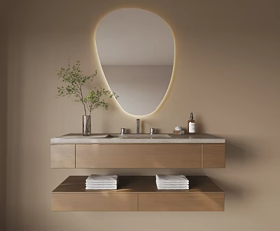Modern Wooden Bathroom Vanity With Oval Illuminated Mirror Folded Towels Green Plant And Toiletries 3d model