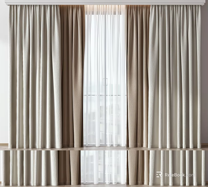 Modern Beige And White Curtains With Sheer Layers For Home Window Treatment 3d model 