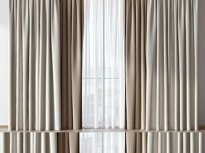 Modern Beige And White Curtains With Sheer Layers For Home Window Treatment 3d model