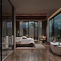 Modern Hotel Room Interior With Large Bed Floor to Ceiling Windows Bathtub Wooden Flooring And Natural Light