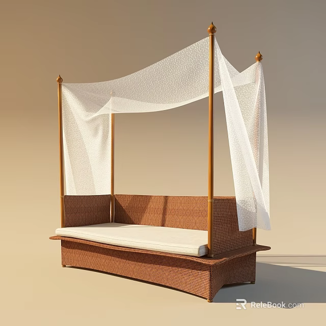 Wicker Outdoor Sofa with Wooden Frame White Canopy Curtains and Cushion 3d model 