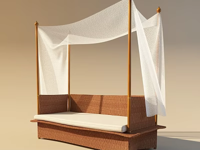 Wicker Outdoor Sofa with Wooden Frame White Canopy Curtains and Cushion 3d model