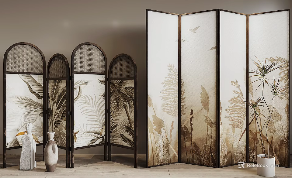 Modern Room Divider Screens With Arched Design And Botanical Bird Patterns 3d model