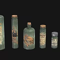 Vintage Medical Instruments Green Glass Bottles With Antique Labels For Early Medicine Storage