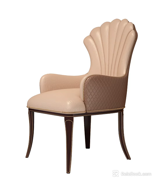 Elegant Beige And Brown Leisure Chair With Scalloped Backrest Quilted Armrest And Gold Trim 3d model 