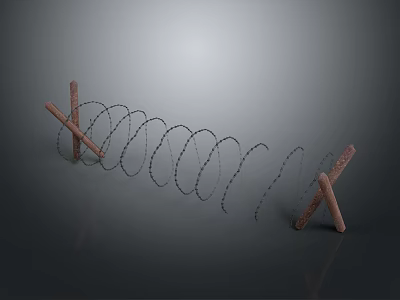 Barbed Wire Defensive Weapon Featuring Wooden Posts And Coiled Structure 3d model