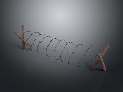 Barbed Wire Defensive Weapon Featuring Wooden Posts And Coiled Structure 3d model