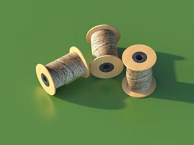Three Natural Wooden Thread Spools For Craft Use On Green Background 3d model
