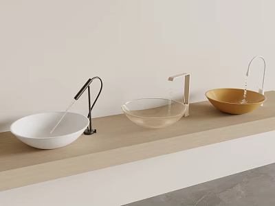Three Stylish Washbasins White Transparent and Gold On Wooden Countertop With Different Modern Faucets 3d model
