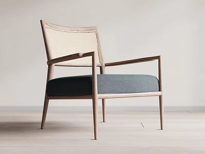 Modern Lounge Chair With Wooden Frame Woven Backrest And Blue Cushion 3d model